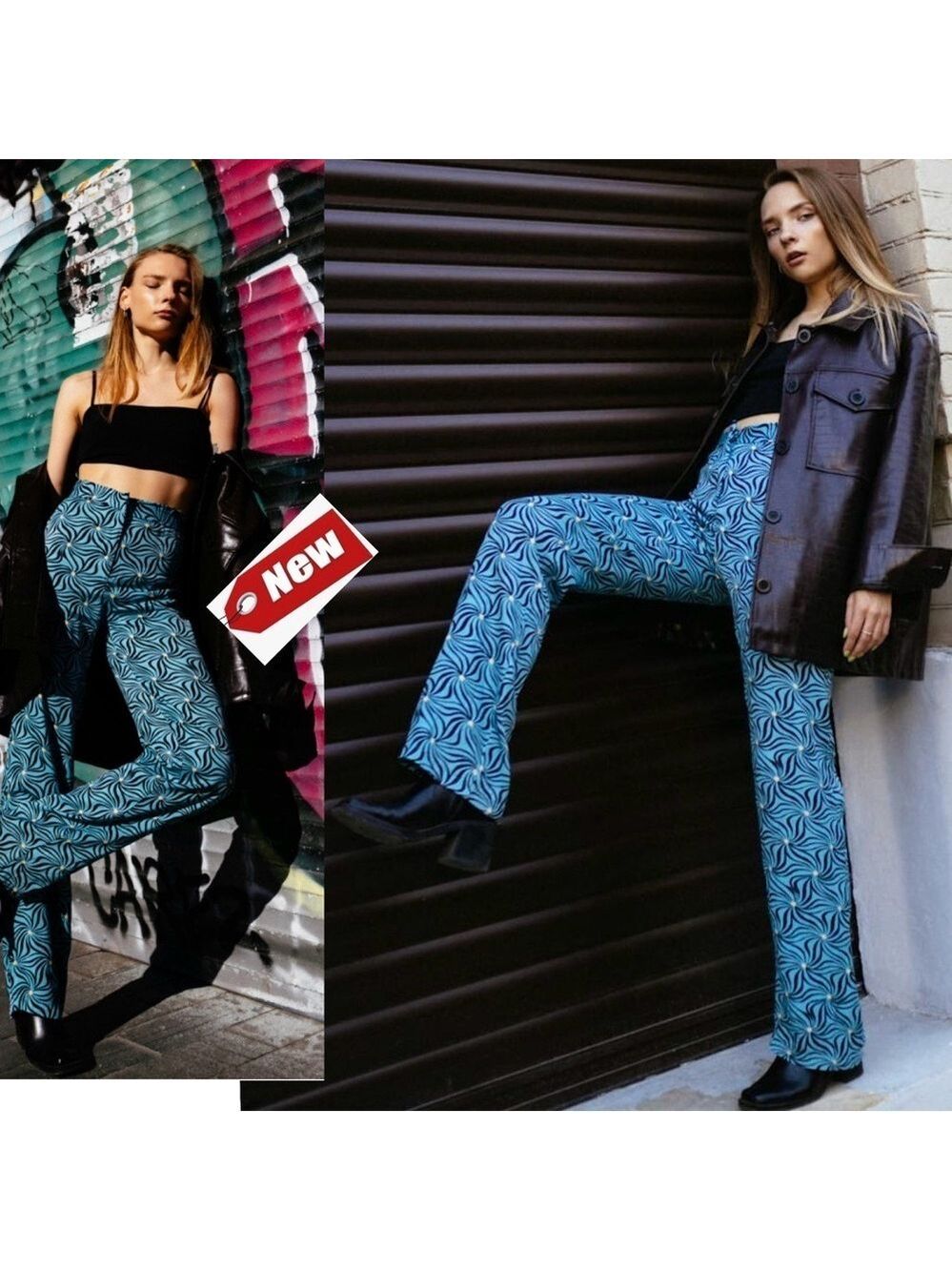 Pull&Bear blue black floral swirl all over printed flowy pants Sz XS NWT